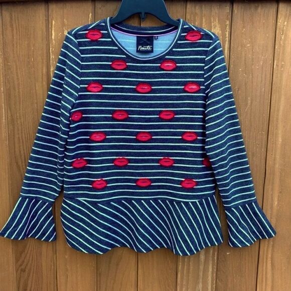 Nanette Lepore Black/White Striped Peplum Top w/Red Beaded Lips Sz M. EUC Art - Picture 2 of 7